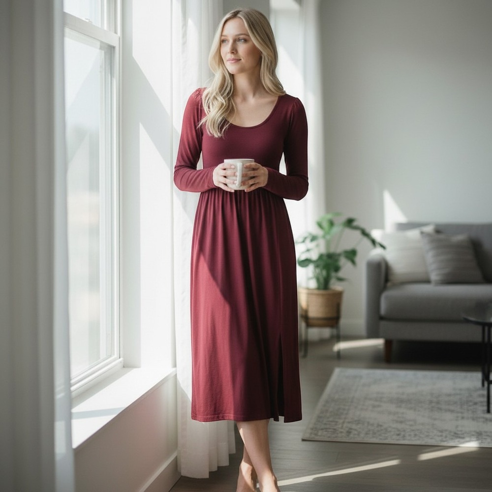 a‎ new day Deep Red Long Sleeve Dress